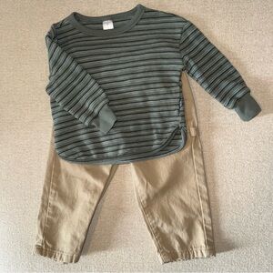 Modern Moments 12M Kids Long Sleeve Striped Top in Olive Green Khaki Pants Set